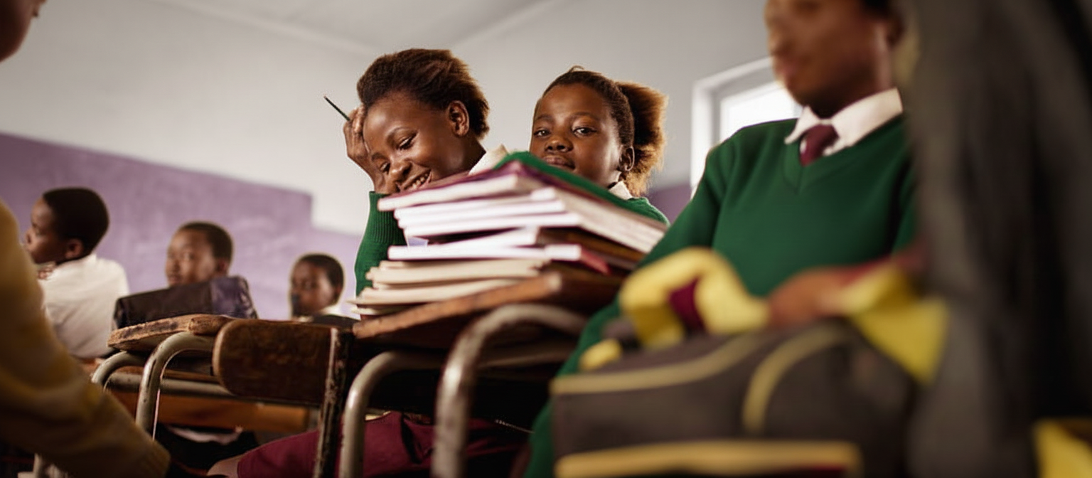 Students in classroom with green uniforms studying together