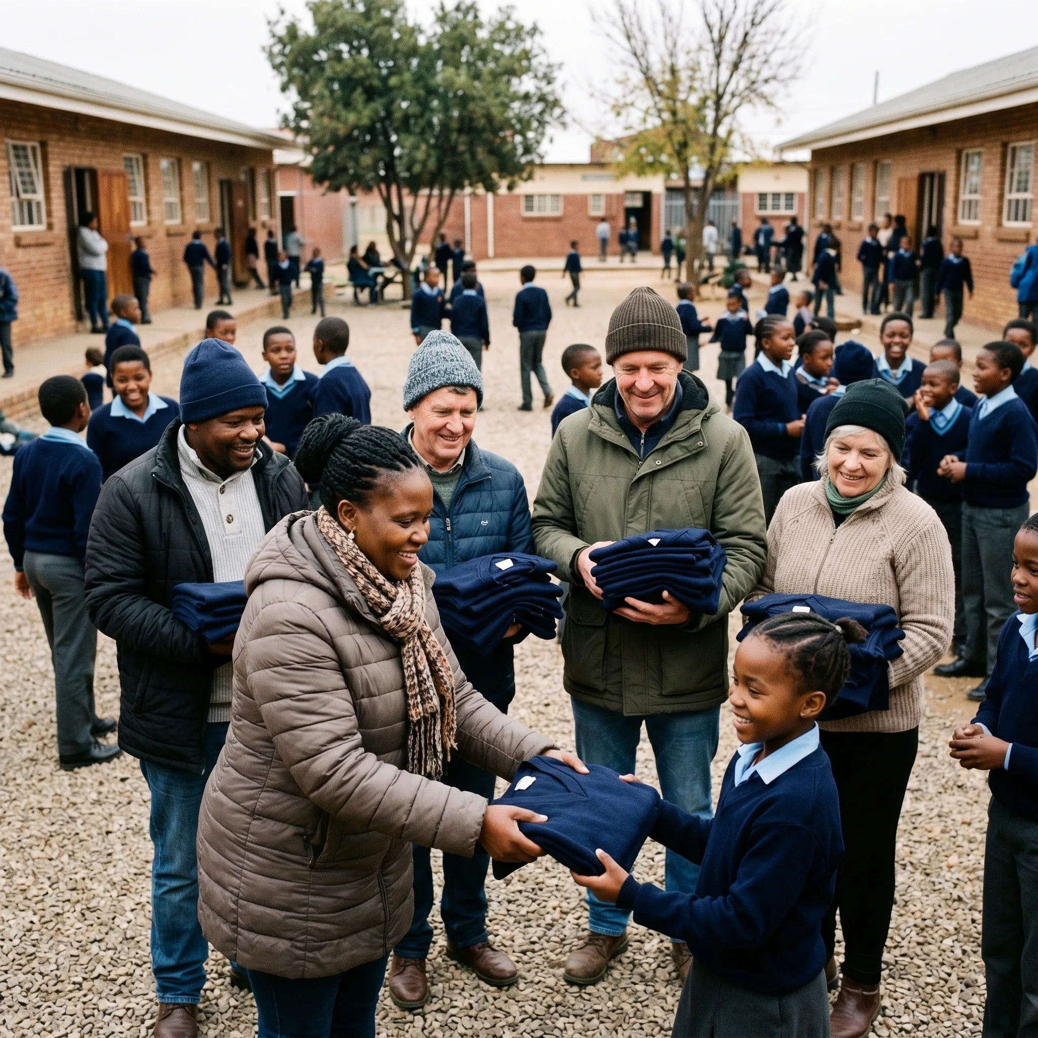 Community members handing jerseys to learners at a school in Tembisa