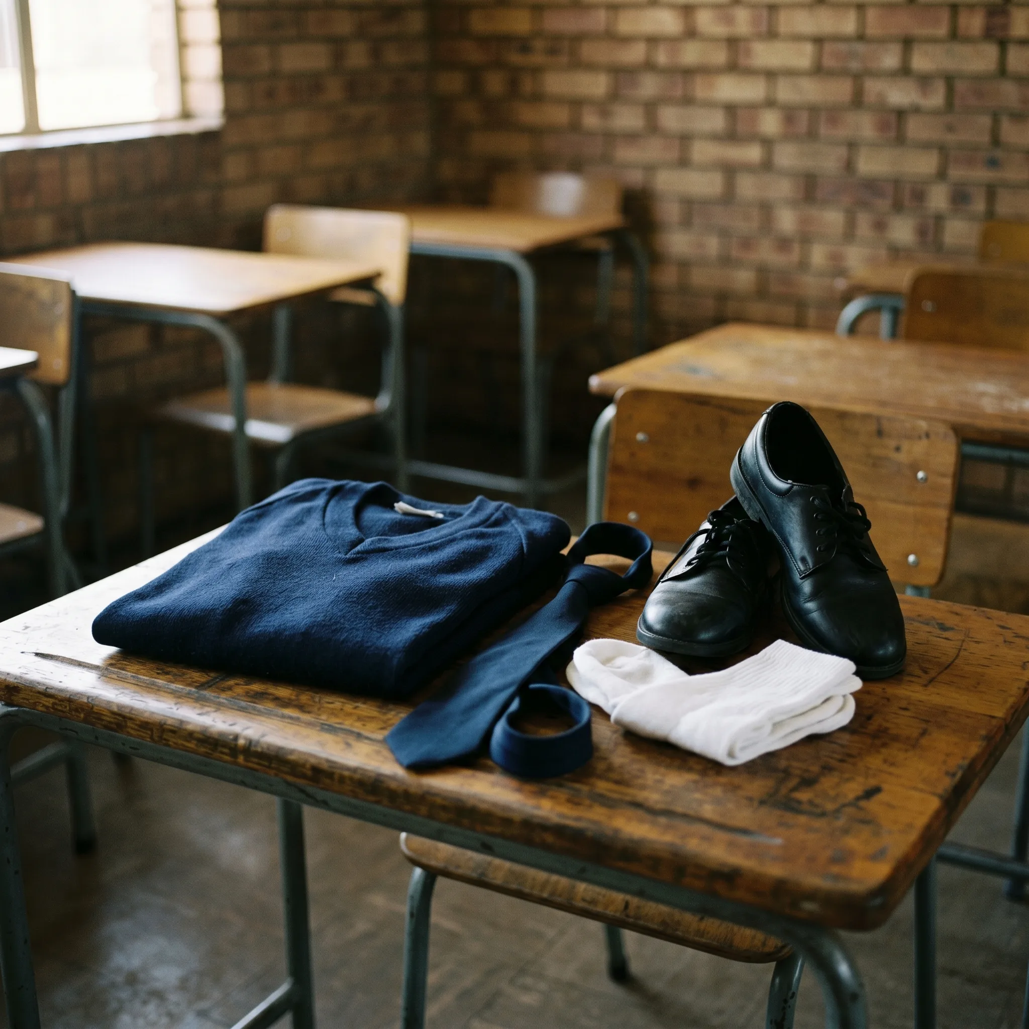 Fudumala Pack: jersey, shoes and socks laid out on a classroom desk