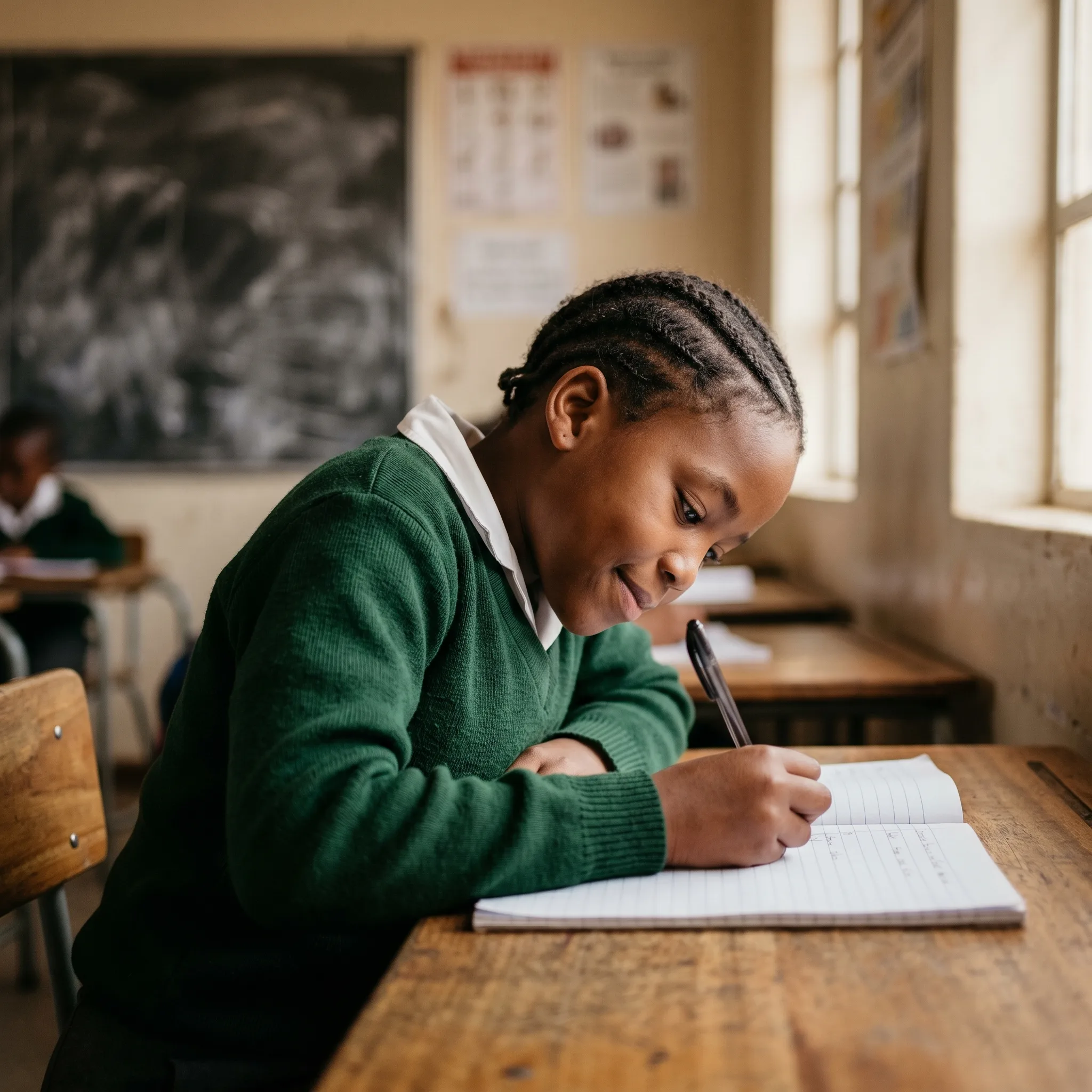 A learner in a school jersey focused on her work in class