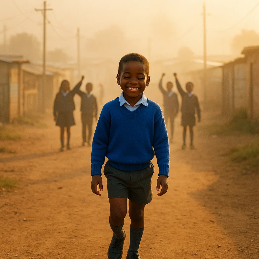 Happy young learner in blue school uniform walking with confidence