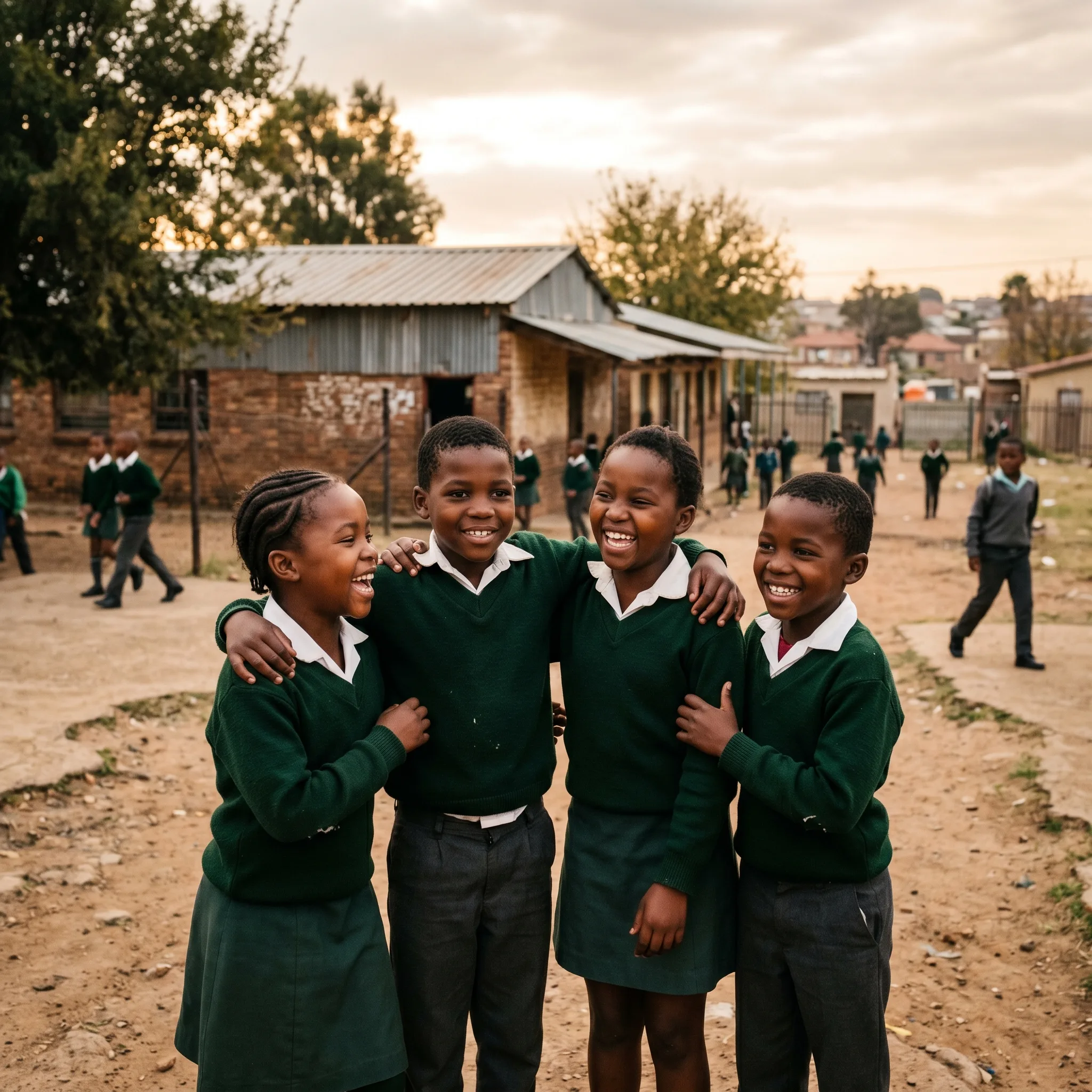 Learners in school jerseys laughing together in the school yard