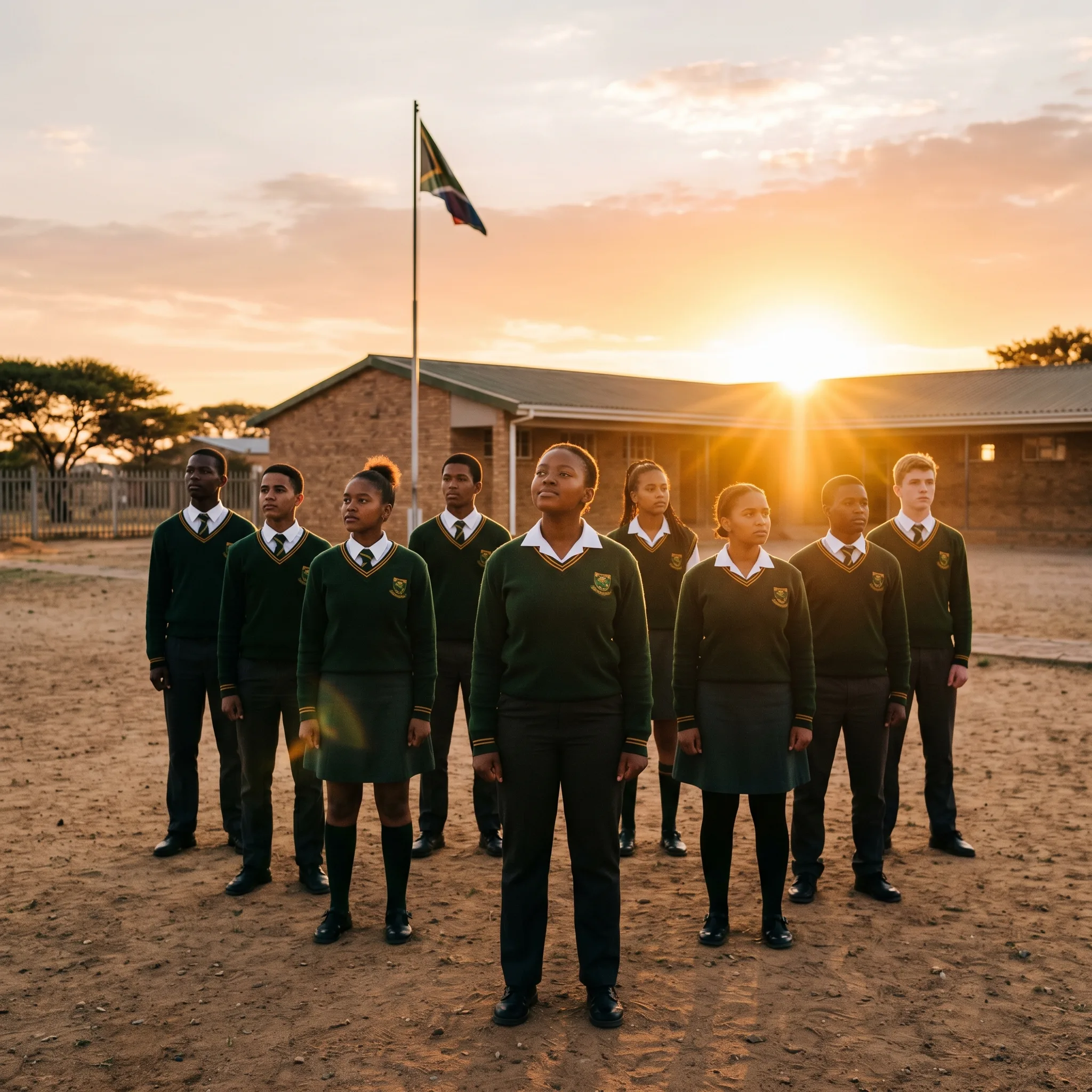 Learners in school uniforms standing together at sunset with the South African flag