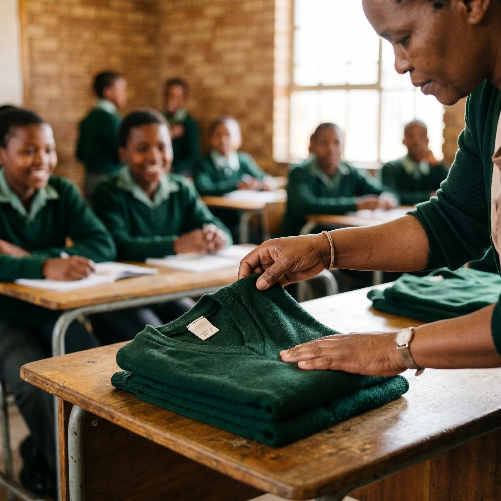 Teacher distributing school jerseys in a classroom while learners watch with joy